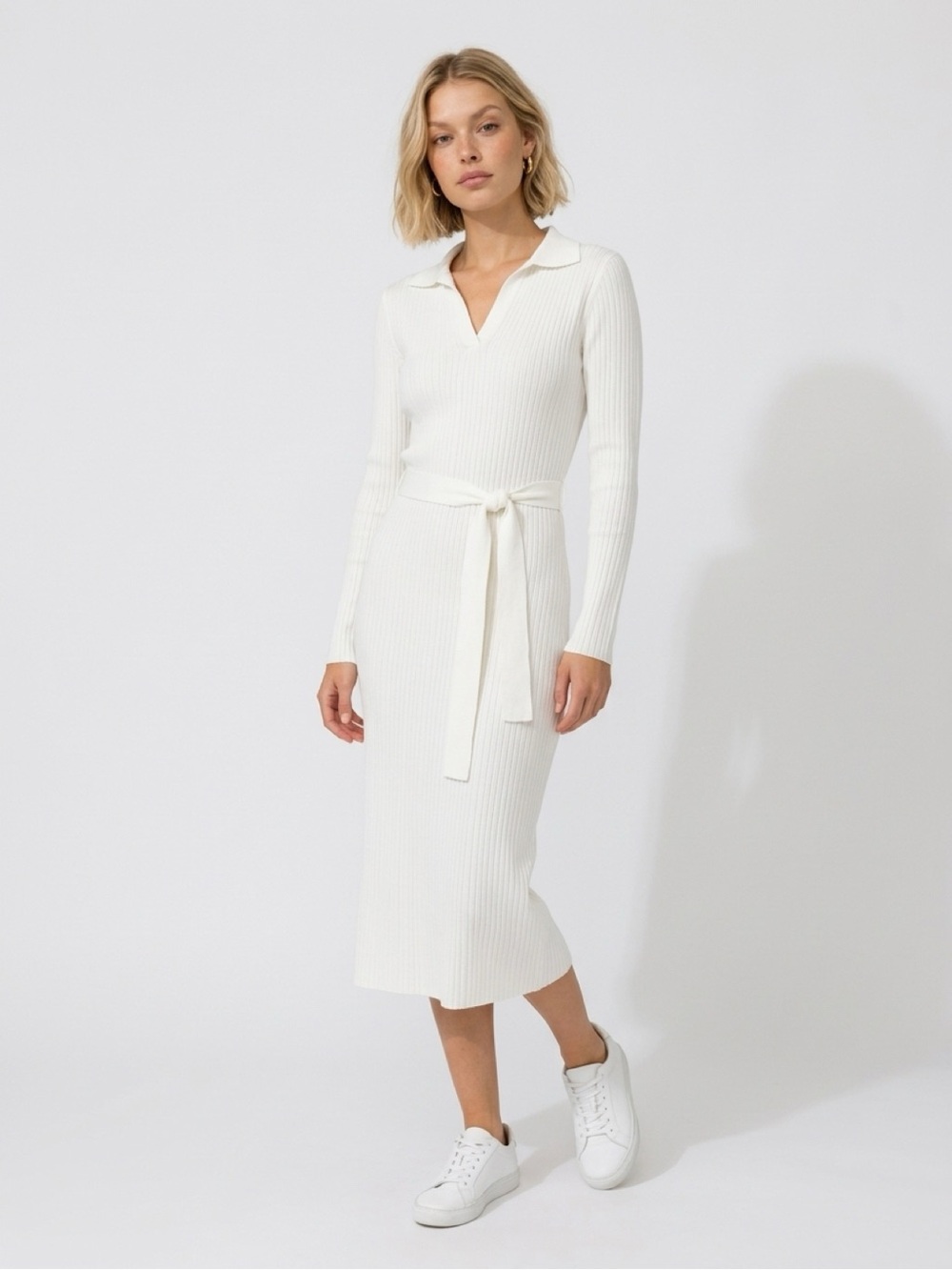 NWOT Womenβs White Ribbed Knit Collar Sweater Dress Size Small